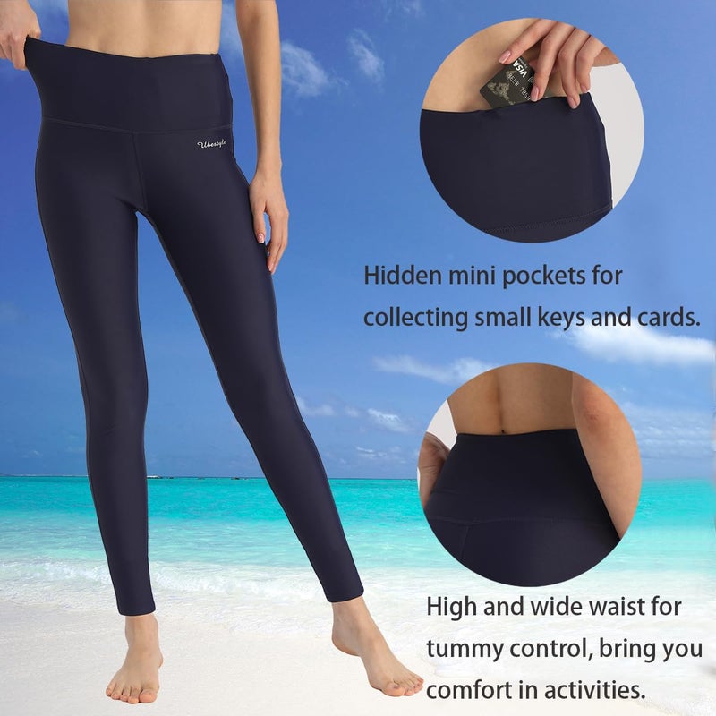 Ubestyle UPF 50+ High Waist Women's Swim Pants Swim Leggings Swimming Tights Long Swimwear Pants Sun Protective (Navy, L) - Image 2